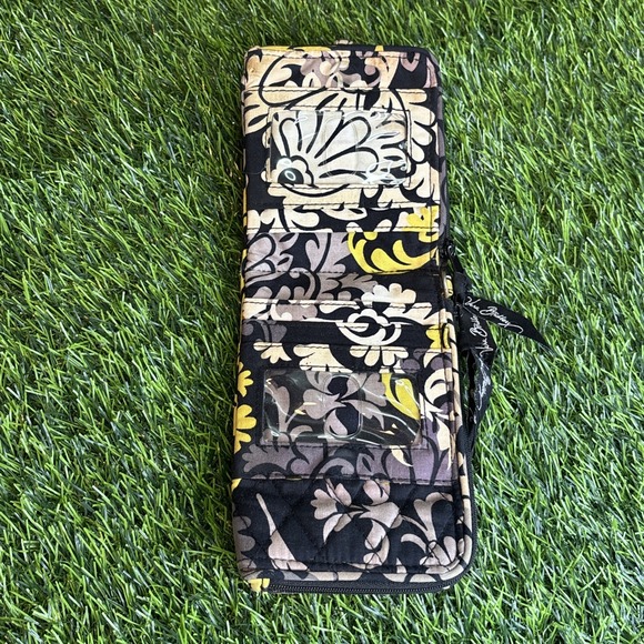 Vera Bradley Quilted Zip Wallet Black Gray Yellow Floral w/ Ring Pull - Picture 5 of 8
